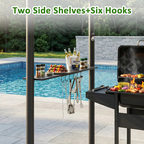 8x8 Ft Grill Gazebo with extra large adjustable awning, 2 side shelves, 6 hooks, powder coated steel BBQ shelter by poolside