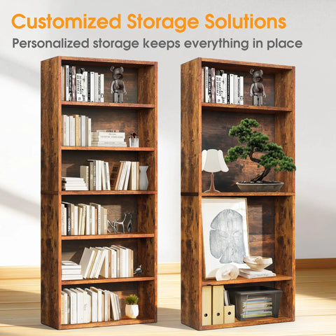 6 Tier Bookcase With Open Shelves 63 Inch Tall Rustic Brown Open Bookshelf For Living Room And Home Office with decor items