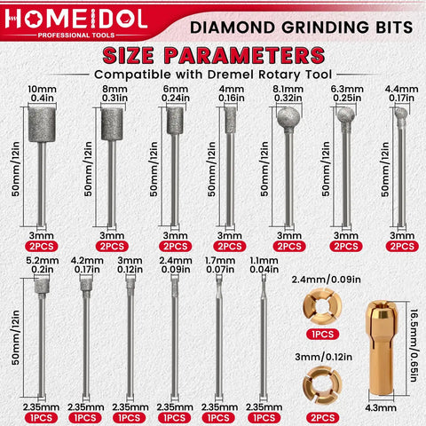 Engraving Bits Set For Rotary Tools With Diamond Grinding Bits In Ball, Hollow Cup, And Cylindrical Shapes; Includes 3 Collets And 3/32 And 1/8 Inch Shanks For Stone, Glass Polishing And Carving, shown with size parameters and quantities.
