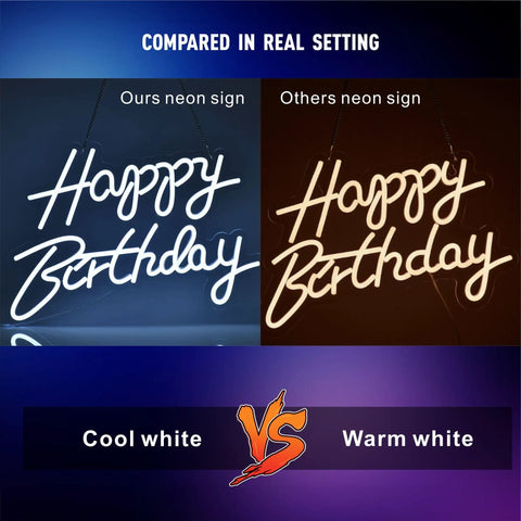 Comparison of Decked Out Birthday Neon Sign Wall Decor With Dimmable USB Power Switch next to a warm white sign