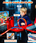 Kids playing with Ultimate 2 Car Race Track Set With Two Cars, 2 In 1 Reconfigurable Track System And Rad Storage Box