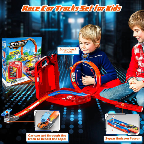 Kids playing with Ultimate 2 Car Race Track Set With Two Cars, 2 In 1 Reconfigurable Track System And Rad Storage Box