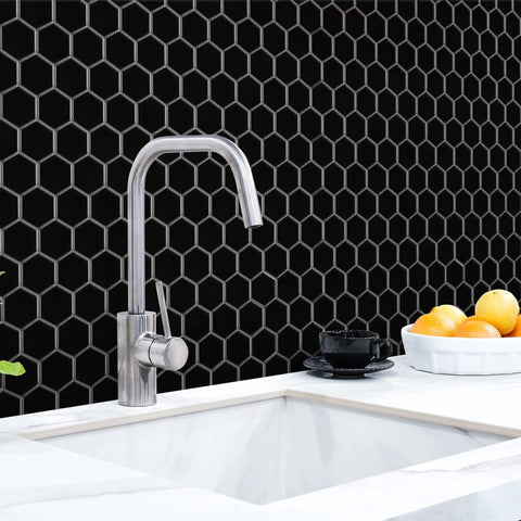 Dope Glossy Black Porcelain Hex Mosaic Tile For Floors And Walls, Mesh-Mounted 2 Inch Pieces, high sheen, kitchen install