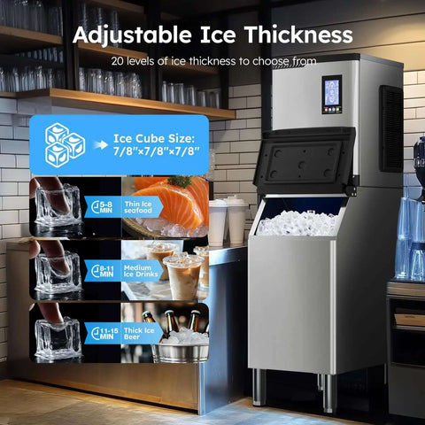 Commercial Ice Machine Delivers 850 Lbs Per Day, 460 Lbs Ice Storage, Heavy Duty Workhorse in stainless steel, kitchen setting