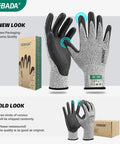 Cut Resistant Gloves ANSI A2 Rated, High-Performance HPPE And Glass Fiber Blend With PU Coating, Touchscreen Compatible, Durable Multi-Purpose Work Gloves Model C2, 3 Pairs, Size Large, front and side view with new and old packaging.