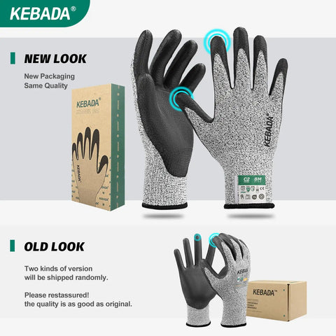 Cut Resistant Gloves ANSI A2 Rated, High-Performance HPPE And Glass Fiber Blend With PU Coating, Touchscreen Compatible, Durable Multi-Purpose Work Gloves Model C2, 3 Pairs, Size Large, front and side view with new and old packaging.