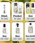 Various sizes of Before You Go Pocket Toilet Spray, 10mL to 16oz refills, showcasing usage per bottle with leaves background.