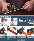 Installation steps for Two In One Leather Hole Punch And Eyelet Tool Kit With 4.5mm Eyelets showing tool use on leather belt.