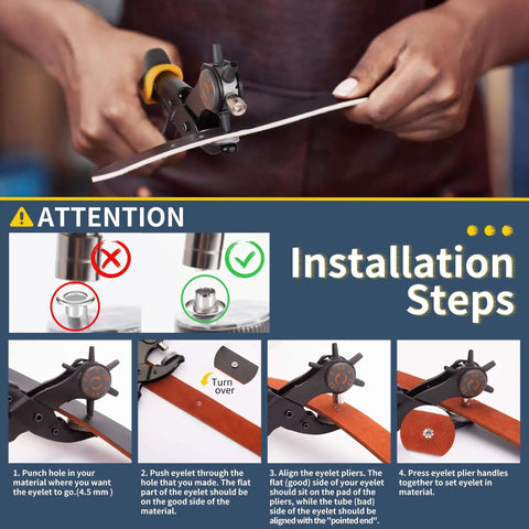 Installation steps for Two In One Leather Hole Punch And Eyelet Tool Kit With 4.5mm Eyelets showing tool use on leather belt.