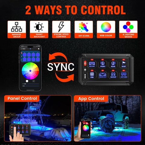 8 Gang Bluetooth RGB Switch Panel With Toggle Momentary Flash Strobe And Memory Function, control with app and panel, IP65 Rating
