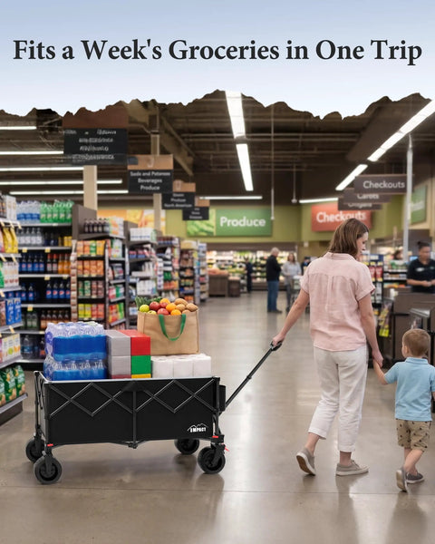 47 Inch Collapsible Wagon Cart With Mega 300 Liter Capacity used in grocery store holding various items