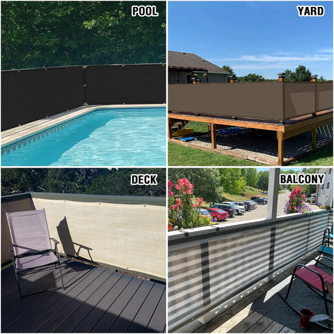 Collage of Three Feet By Twelve Feet Balcony Privacy Fence Screen Cover With Zip Ties for pool, yard, deck, and balcony.