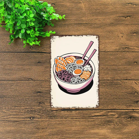 Vintage Ramen Bowl Metal Sign Tin Wall Art 8x12 Inches Japanese Style Kitchen Decor on wooden surface with green plant