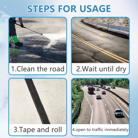 Steps for using 2 Inch Self Adhesive Asphalt Crack Filler Tape: clean road, dry, tape and roll, open to traffic.