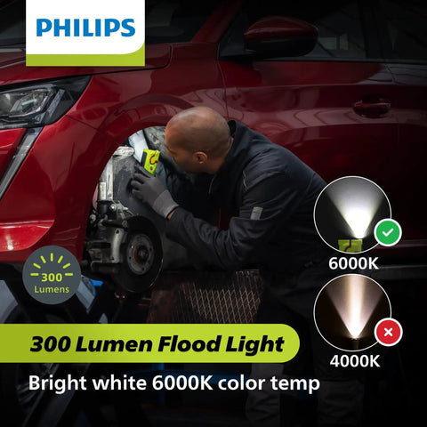 Mechanic using Xperion 6000 Pocket LED Work Light with Gooseneck Spotlight on car wheel, showcasing 300 Lumens flood light effect