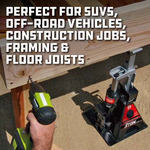 Powerbuilt 3-Ton all-in-one hydraulic bottle jack and jackstand; compact unit with wide base beside a beam.