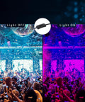 365Nm 50W LED Black Light With US Plug And Switch 4.9 Ft Cord IP66 Waterproof Indoor Outdoor Stage Lighting For Glow Parties Body Paint Fluorescent Posters And More Party Ready showing light effects on a vibrant party scene with light on and off comparison