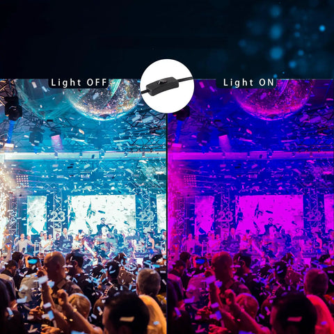 365Nm 50W LED Black Light With US Plug And Switch 4.9 Ft Cord IP66 Waterproof Indoor Outdoor Stage Lighting For Glow Parties Body Paint Fluorescent Posters And More Party Ready showing light effects on a vibrant party scene with light on and off comparison