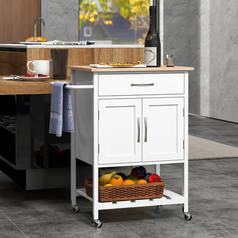 Slick Glide Kitchen Island Cart With Solid Rubberwood Countertop, Heavy Duty Serving Utility Trolley Featuring Nifty Drawer And Open Shelves, Total Game Changer For Any Modern Home Setup