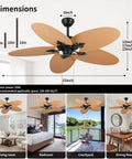 52-Inch Tropical Palm Leaf Ceiling Fan (No Light) with 5 Hand-Woven Rattan Blades and pull chain in living room setting.