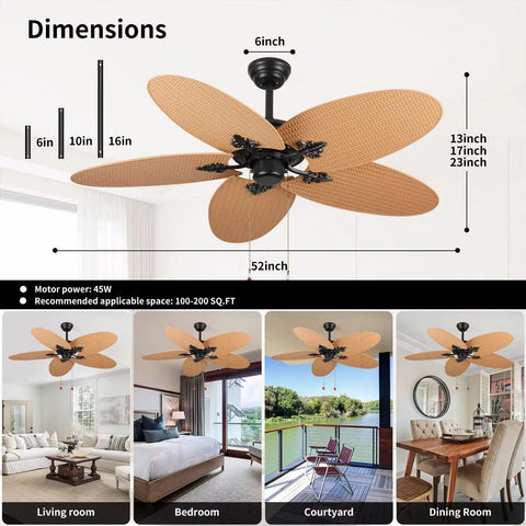 52-Inch Tropical Palm Leaf Ceiling Fan (No Light) with 5 Hand-Woven Rattan Blades and pull chain in living room setting.