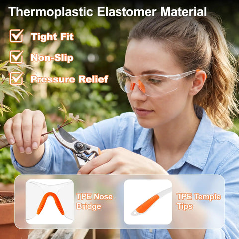 Woman using Kickass Bulk Anti Fog Safety Glasses With Impact Resistant Polycarbonate Lenses and Heavy Duty Anti Scratch Coating while pruning plants.