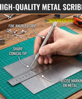 Top Shelf Tungsten Carbide Pocket Scriber For Driving Razor Sharp Weld Marks And Engraving Metal Glass Or Ceramic Sheets With A Comfy Handle That Crushes Rough Work Daily, showing a hand using it on metal with a ruler.