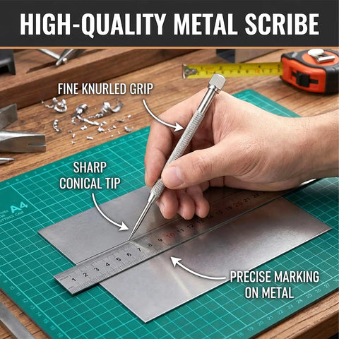 Top Shelf Tungsten Carbide Pocket Scriber For Driving Razor Sharp Weld Marks And Engraving Metal Glass Or Ceramic Sheets With A Comfy Handle That Crushes Rough Work Daily, showing a hand using it on metal with a ruler.