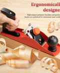 Adjustable Wooden Hand Planer Features An Extra Thick Steel Blade Barbell Depth Lock, ergonomic grip, wood shavings in foreground.