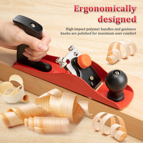 Adjustable Wooden Hand Planer Features An Extra Thick Steel Blade Barbell Depth Lock, ergonomic grip, wood shavings in foreground.