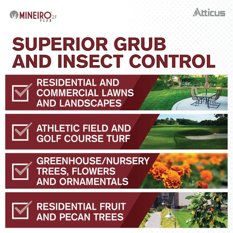 Mineiro 2F Flex Systemic Insecticide use for residential lawns, athletic turf, nurseries, and fruit trees for grub control.