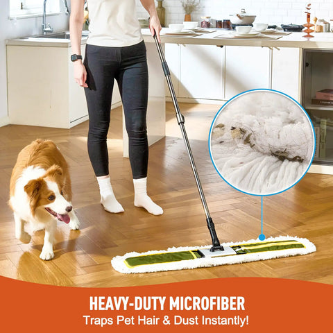 Built Tough 36 Inch Commercial Dust Mop With Telescoping Handle For Hardwood Floors Tile Laminate And Concrete Wide Head Floor Sweeper in use.