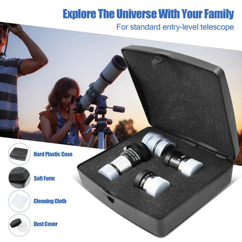 Complete Telescope Eyepiece Set For Beginners With 6mm Plossl And 15mm Kellner Eyepieces in open carry case outside