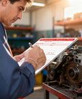 Technician writing on Two Part Carbonless Maintenance Request Forms Book Set, 50 Packs of 100 Sheets Per Book