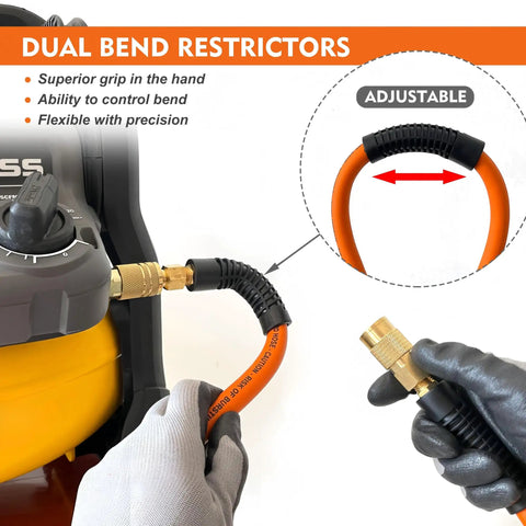 High Performance Hybrid Air Compressor Hose 3 8 By 10 Ft kink resistant whip line with adjustable dual bend restrictors.