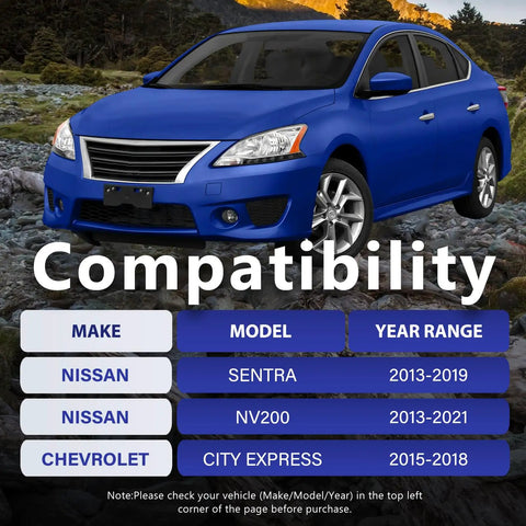 Blue car showing compatibility for Beefed Up 10 Piece Suspension Kit With Front Lower Control Arm Sway Bar Link Inner Outer Tie Rod End Boot Assembly Replacement For 2013 2019 Nissan Sentra 2013 2021 NV200 And 2015 2018 Chevy City Express