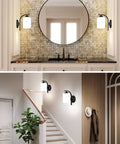 Top Tier Modern Farmhouse Wall Sconces With Solid Matte Black Frame And Soft Diffused Glass Shade above kitchen and staircase.