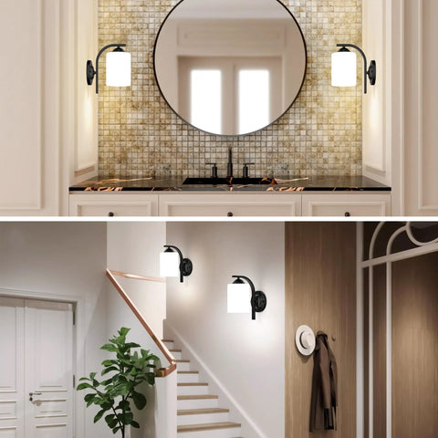 Top Tier Modern Farmhouse Wall Sconces With Solid Matte Black Frame And Soft Diffused Glass Shade above kitchen and staircase.
