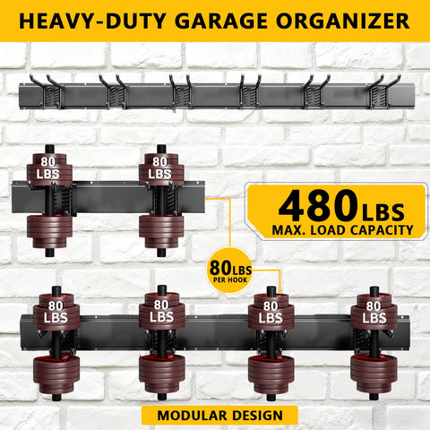 Heavy Duty Garage Tool Organizer Wall Mount 48 Inch Storage Rack With 6 Adjustable Double Hooks For Shovels Snowboards Rakes
