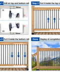 Installation steps for Heavy Duty 100 Pack Black Aluminum Round Deck Balusters showing drilling and placement process.