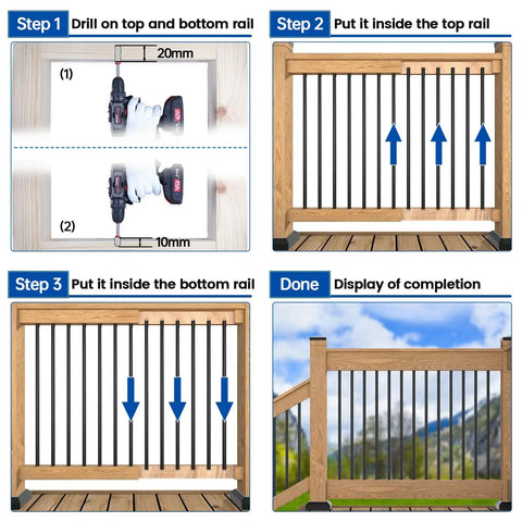 Installation steps for Heavy Duty 100 Pack Black Aluminum Round Deck Balusters showing drilling and placement process.