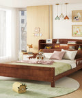Solid Pine Wood Bed With Bookcase Headboard And Walnut Finish, Built In LED Motion Sensor Light With Three Modes in cozy bedroom.