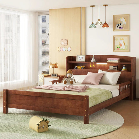 Solid Pine Wood Bed With Bookcase Headboard And Walnut Finish, Built In LED Motion Sensor Light With Three Modes in cozy bedroom.