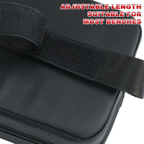 Close-up of Back Pad For Bench Press And Chest Press Support Non Slip PVC Leather with adjustable strap on black cushion.
