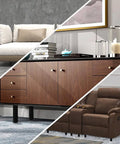 Image showing various furniture including a cozy sofa, a wooden cabinet with drawers, and a reclining chair with drinks, showcasing 12 Inch Adjustable Bed Legs Replacement Screw In Sets With Felt Bottoms Compatible M8 M10 Threads Heavy Duty Furniture Risers Quick Swap Upgrade Rock Solid Easy Peasy Setup For Platform Beds.