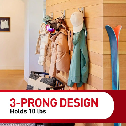 X Large Satin Nickel Triple Hook With Adhesive Strips For Damage Free Hanging Up To 10 Lbs No Tools Wall Hook in use