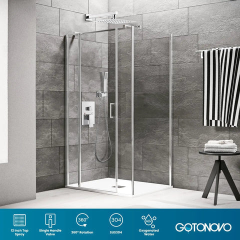Modern bathroom with 12 Inch Rainfall Shower Head And Wall Mounted Shower System With Solid Brass Pressure Balancing Valve And Handheld Handle, Chrome Finish, Complete Premium Spa Like Shower Combo For Modern Bathrooms
