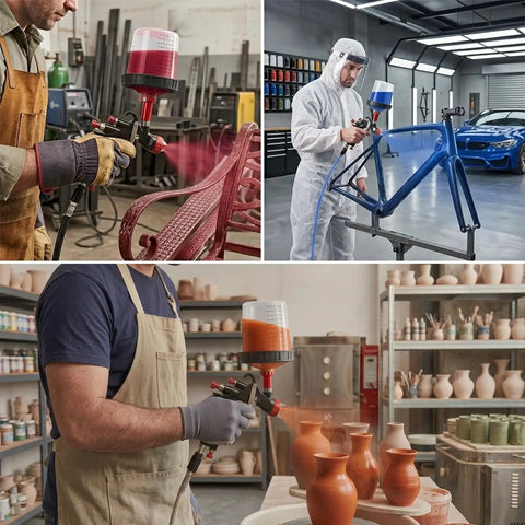Pro Grade LVLP Spray Gun With Easy Swap 1.3 1.5 1.7 2.0 Mm Tips Plus Ten Disposable Cups Rock Strong Forged Aluminum Body used for painting furniture, bicycles, and pottery.