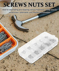 Zinc Alloy Machine Screw And Nut Kit With Washers, 320Pcs Pan Head Bolts Set for construction projects shown with hammer