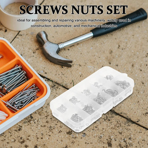 Zinc Alloy Machine Screw And Nut Kit With Washers, 320Pcs Pan Head Bolts Set for construction projects shown with hammer